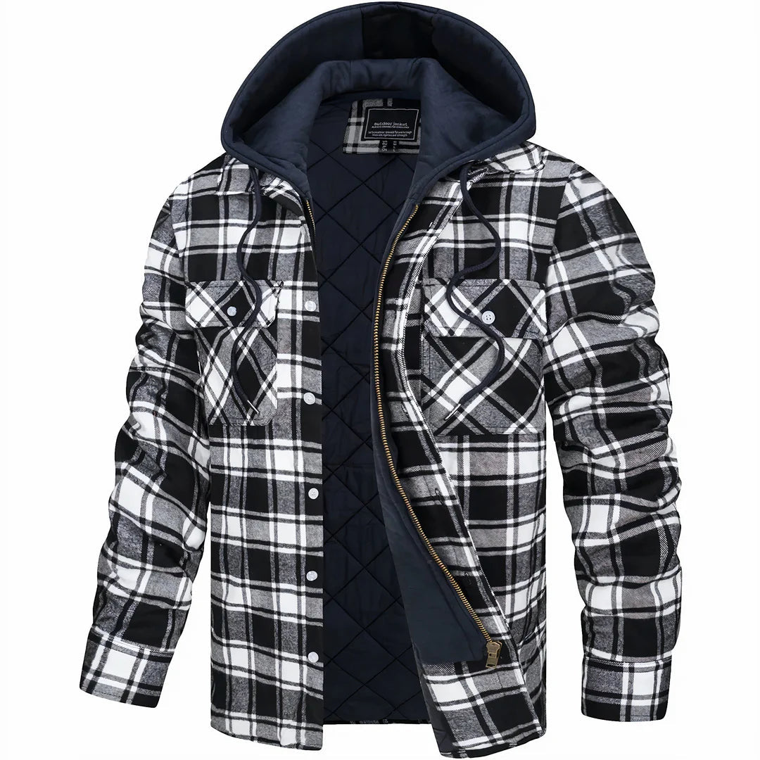 Winter Quilted Lined Hooded Flannel Shirt Jacket for Men in Black