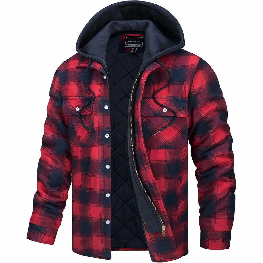 Winter Quilted Lined Hooded Flannel Shirt Jacket for Men in Red