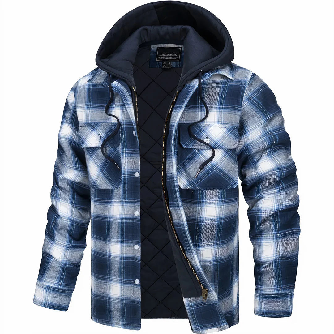 Winter Quilted Lined Hooded Flannel Shirt Jacket for Men in Blue