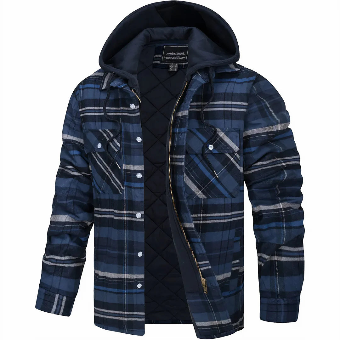 Winter Quilted Lined Hooded Flannel Shirt Jacket for Men in Navy Blue