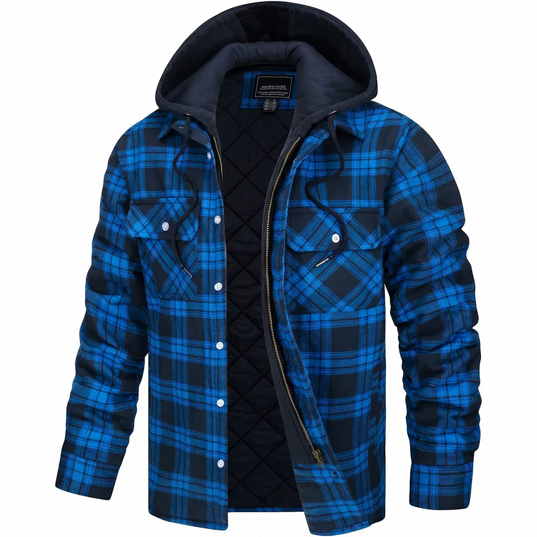 Winter Quilted Lined Hooded Flannel Shirt Jacket for Men in Dark Blue