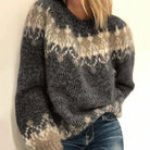 Winter Brushed Fair Isle Knit Oversized Crewneck Sweater for Women in Black