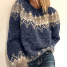 Winter Brushed Fair Isle Knit Oversized Crewneck Sweater for Women in Blue