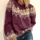 Winter Brushed Fair Isle Knit Oversized Crewneck Sweater for Women in Red