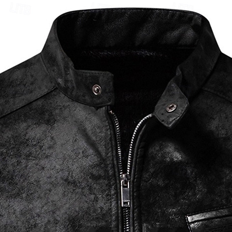 Leather Jacket Mens Faux Biker Stand Collar Zip Front Classic