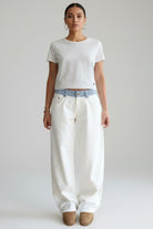 Relaxed Straight Leg Jeans with Striped Waistband for Women