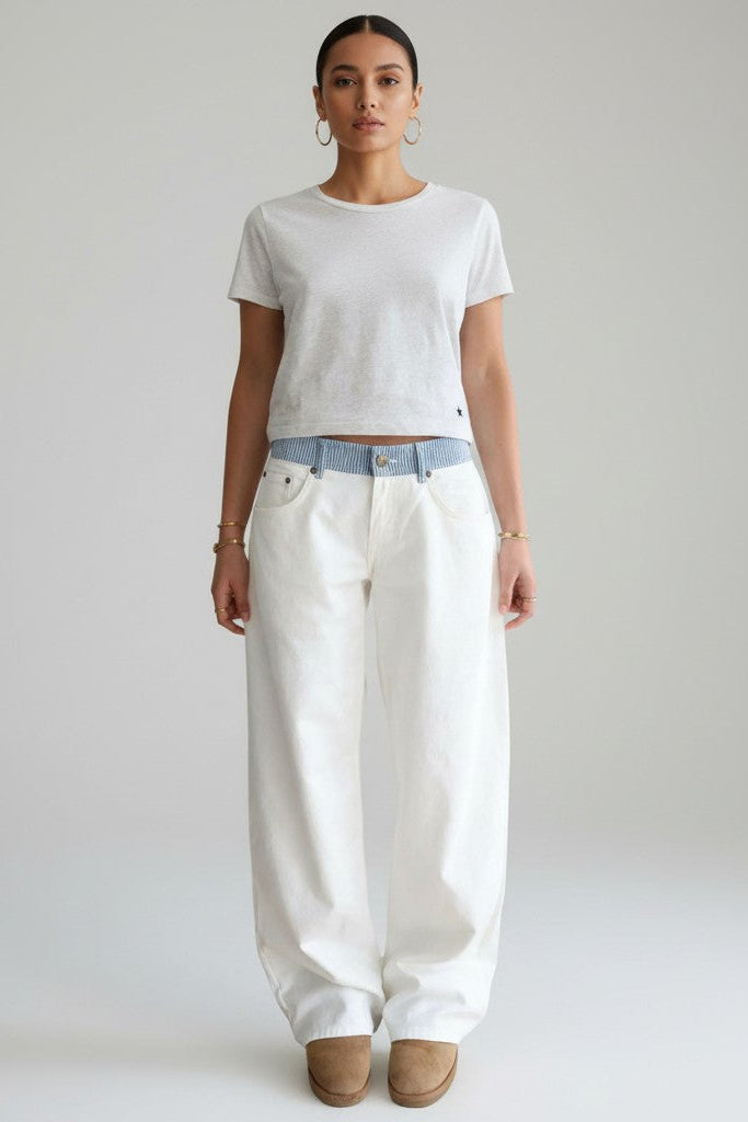 Relaxed Straight Leg Jeans with Striped Waistband for Women
