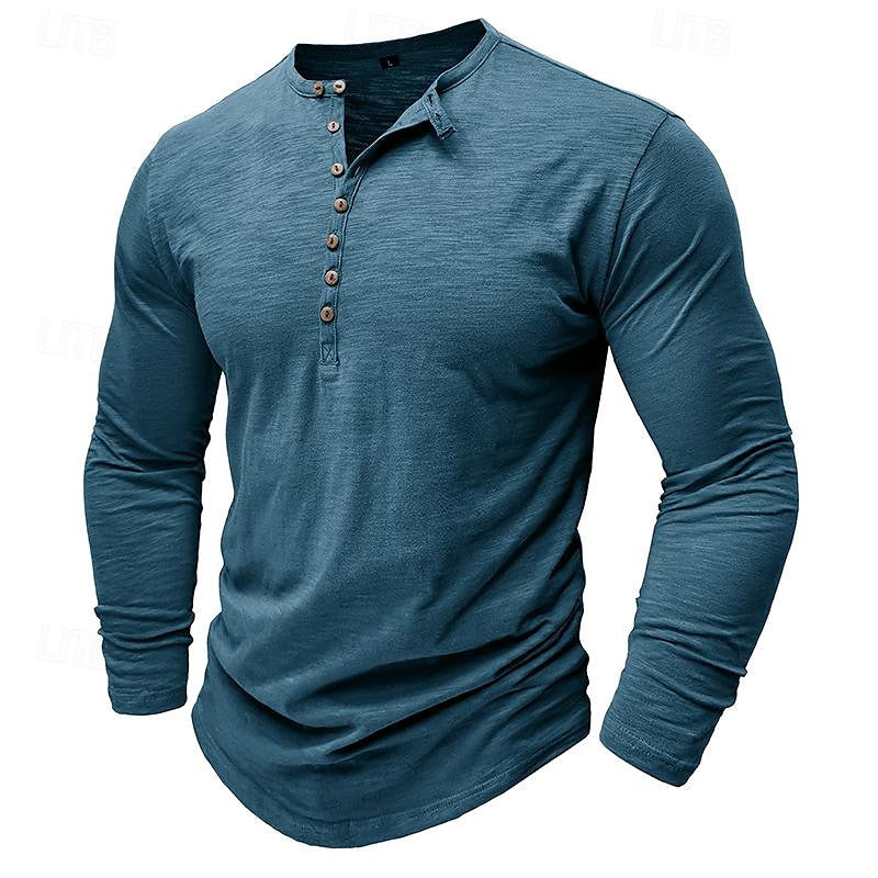 Henley Shirt Mens Long Sleeve Button Placket Cotton Classic Fit