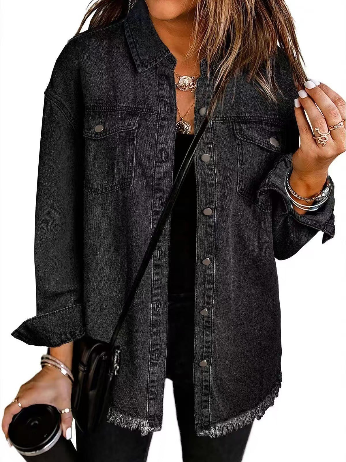 Denim Jacket Womens Oversized Shacket Raw Hem Button Front Pockets