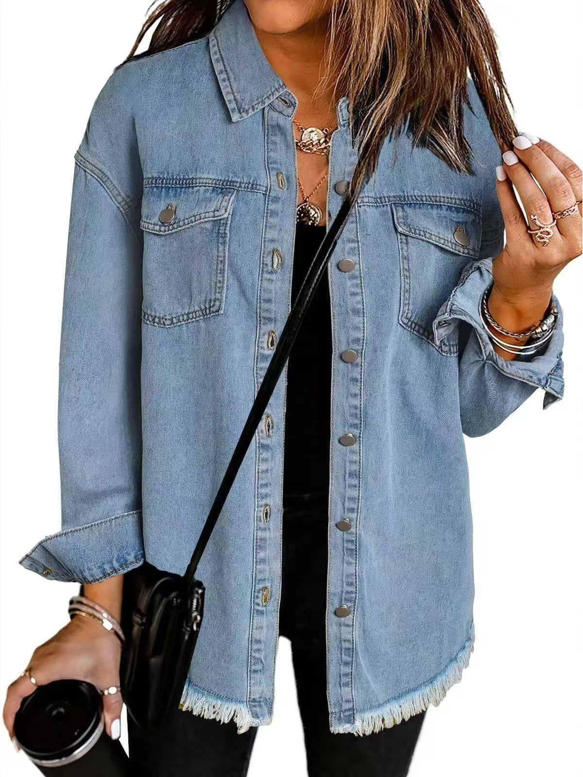 Denim Jacket Womens Oversized Shacket Raw Hem Button Front Pockets