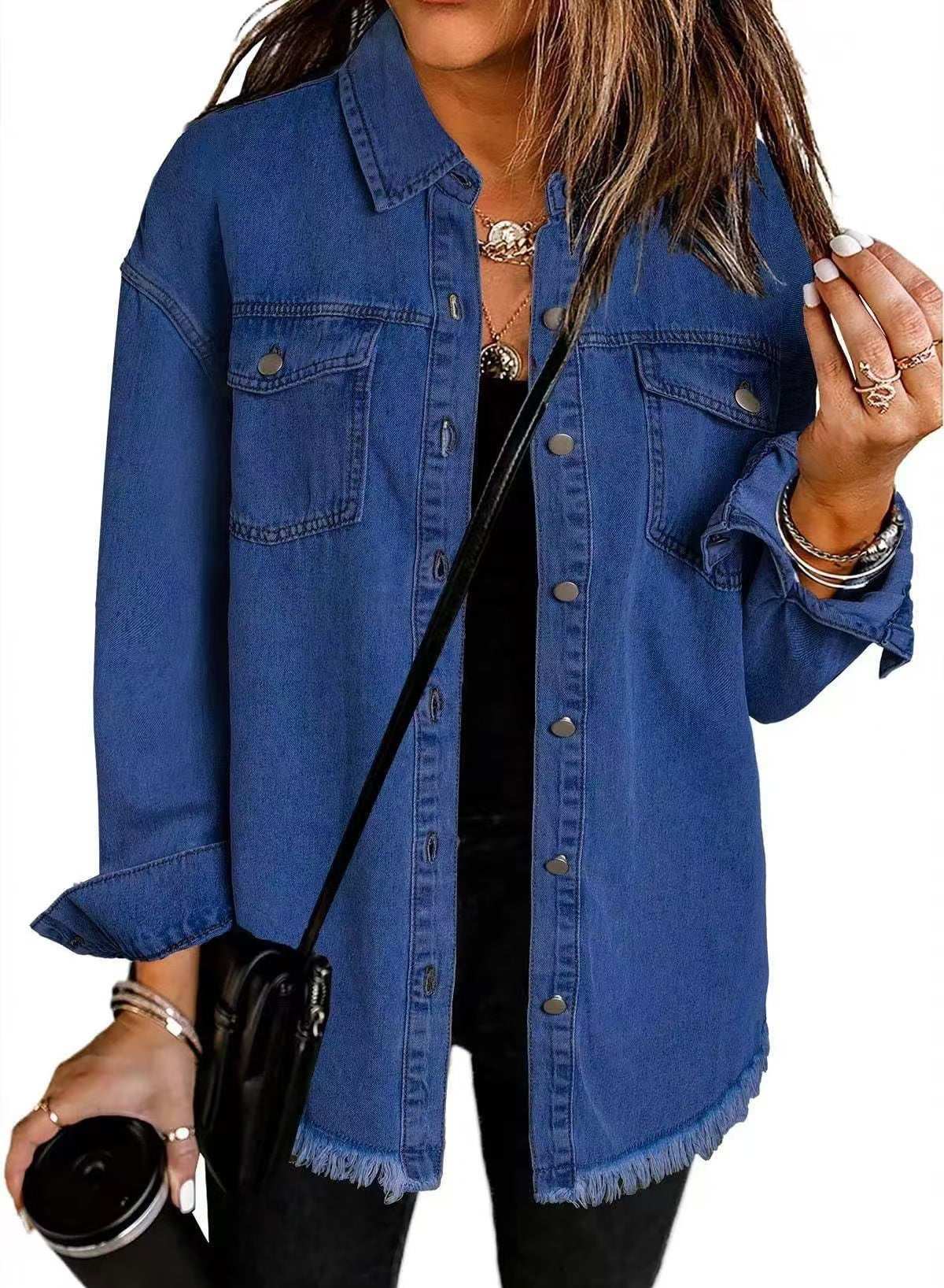 Denim Jacket Womens Oversized Shacket Raw Hem Button Front Pockets
