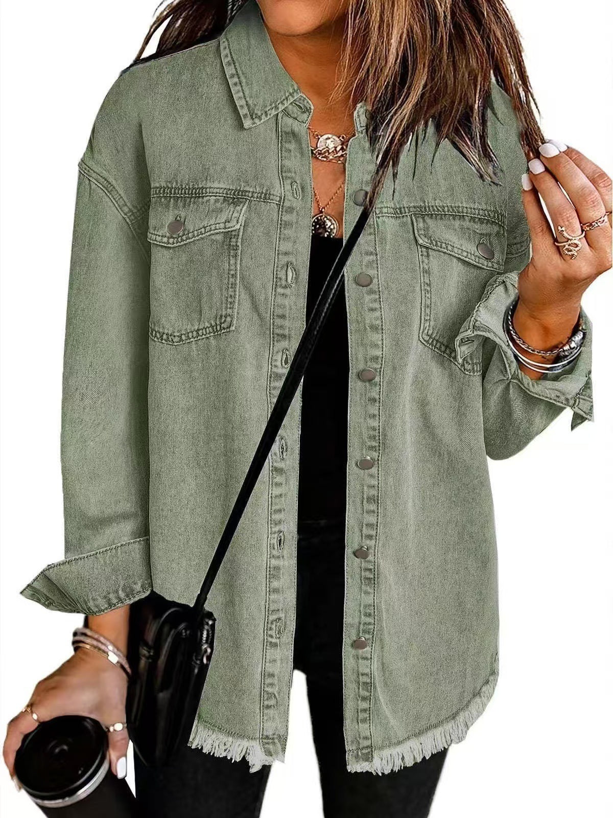 Denim Jacket Womens Oversized Shacket Raw Hem Button Front Pockets