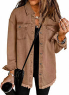 Denim Jacket Womens Oversized Shacket Raw Hem Button Front Pockets