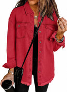 Denim Jacket Womens Oversized Shacket Raw Hem Button Front Pockets