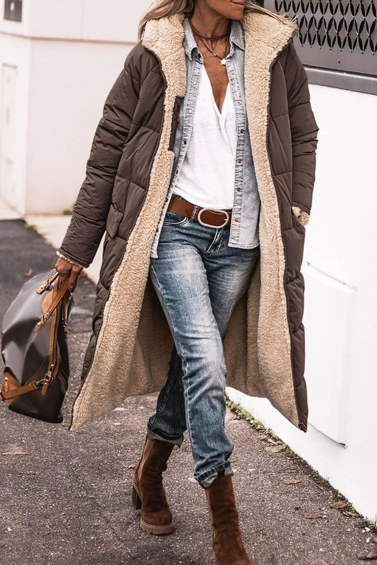 Sherpa Coat Womens Long Hooded Fleece Lined Open Front Longline