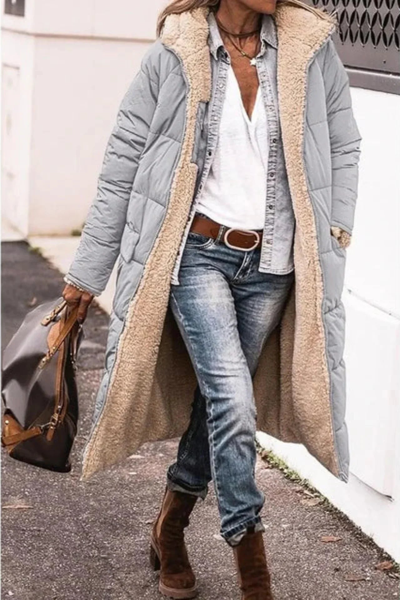 Sherpa Coat Womens Long Hooded Fleece Lined Open Front Longline