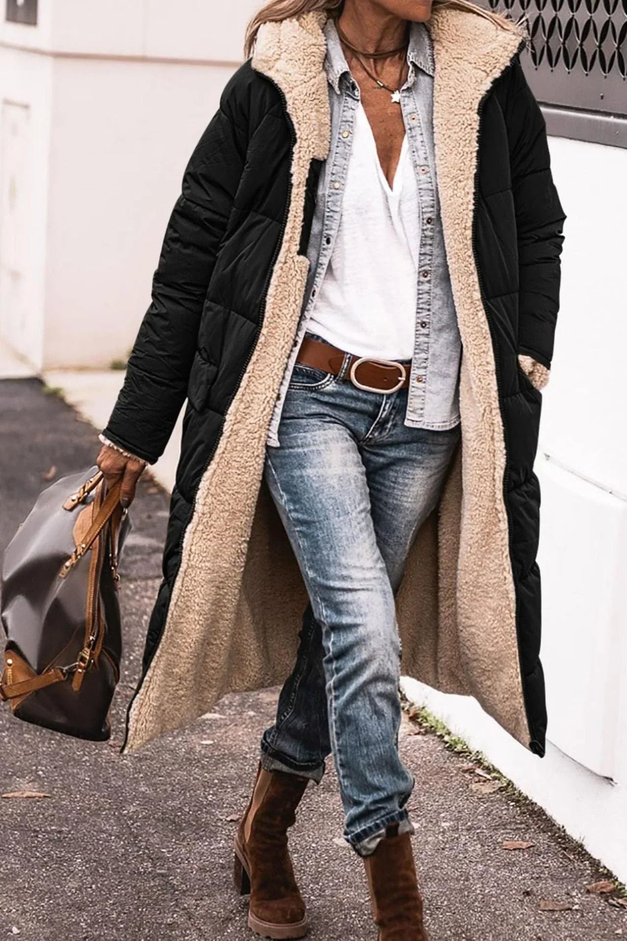 Sherpa Coat Womens Long Hooded Fleece Lined Open Front Longline