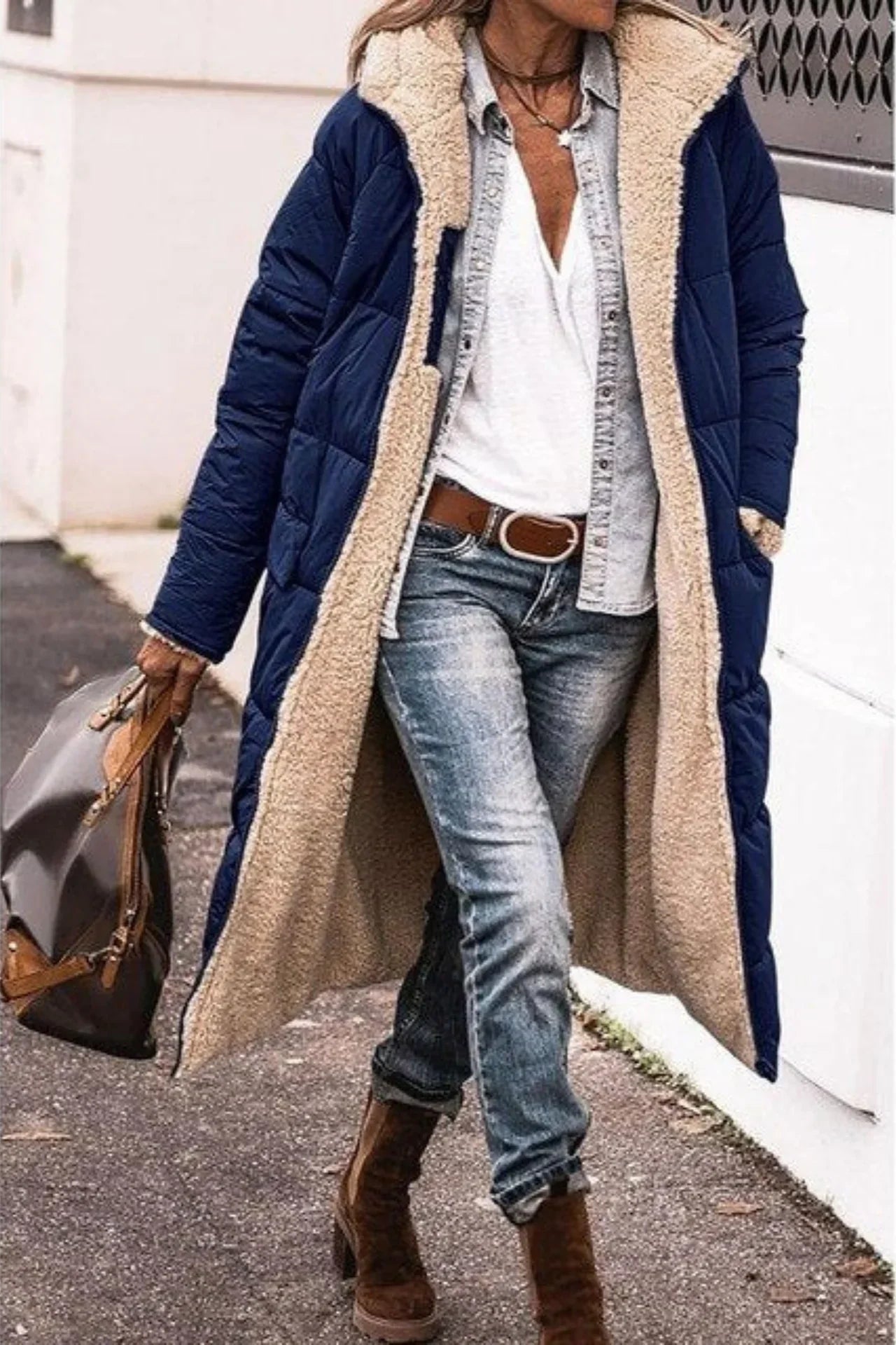 Sherpa Coat Womens Long Hooded Fleece Lined Open Front Longline