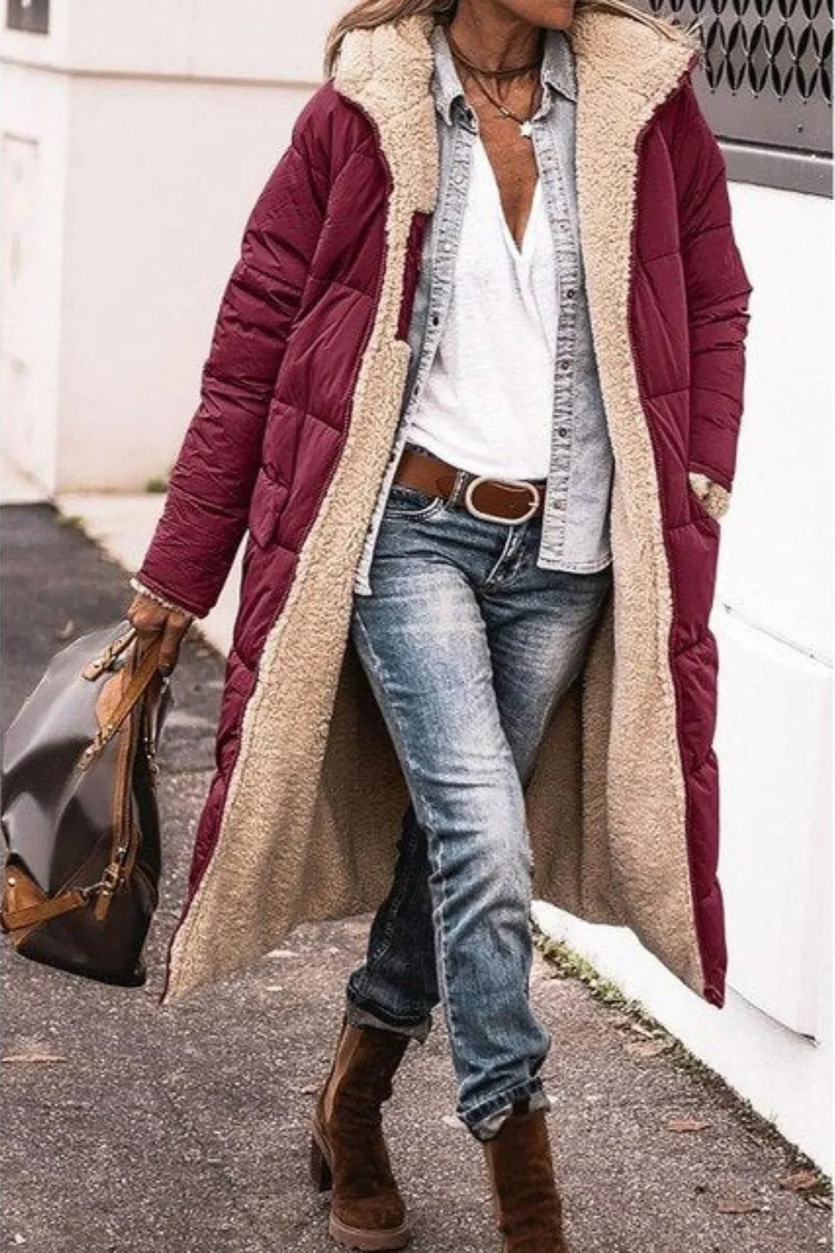 Sherpa Coat Womens Long Hooded Fleece Lined Open Front Longline