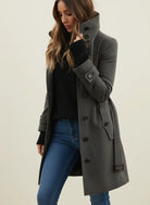 Winter Brushed Belted Longline Stand Collar Coat for Women in Gray