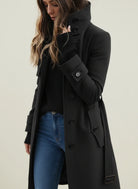 Winter Brushed Belted Longline Stand Collar Coat for Women in Black