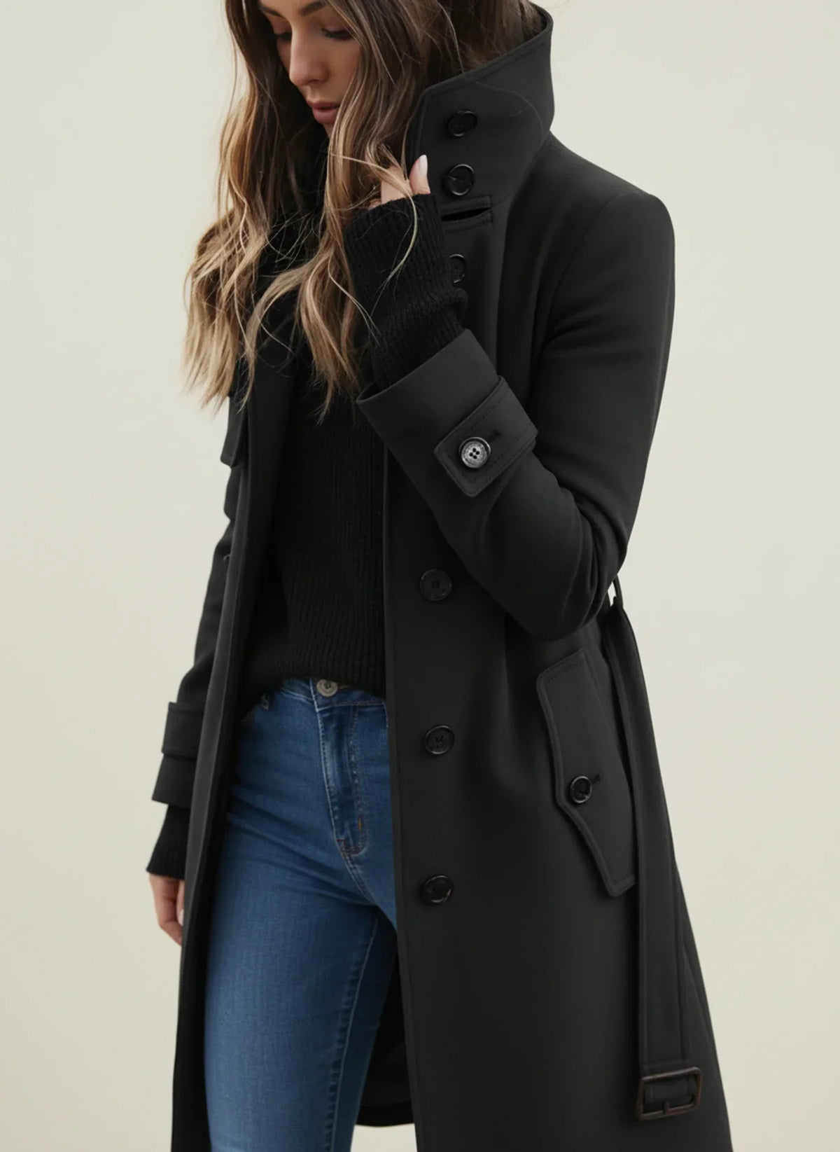 Winter Brushed Belted Longline Stand Collar Coat for Women in Black