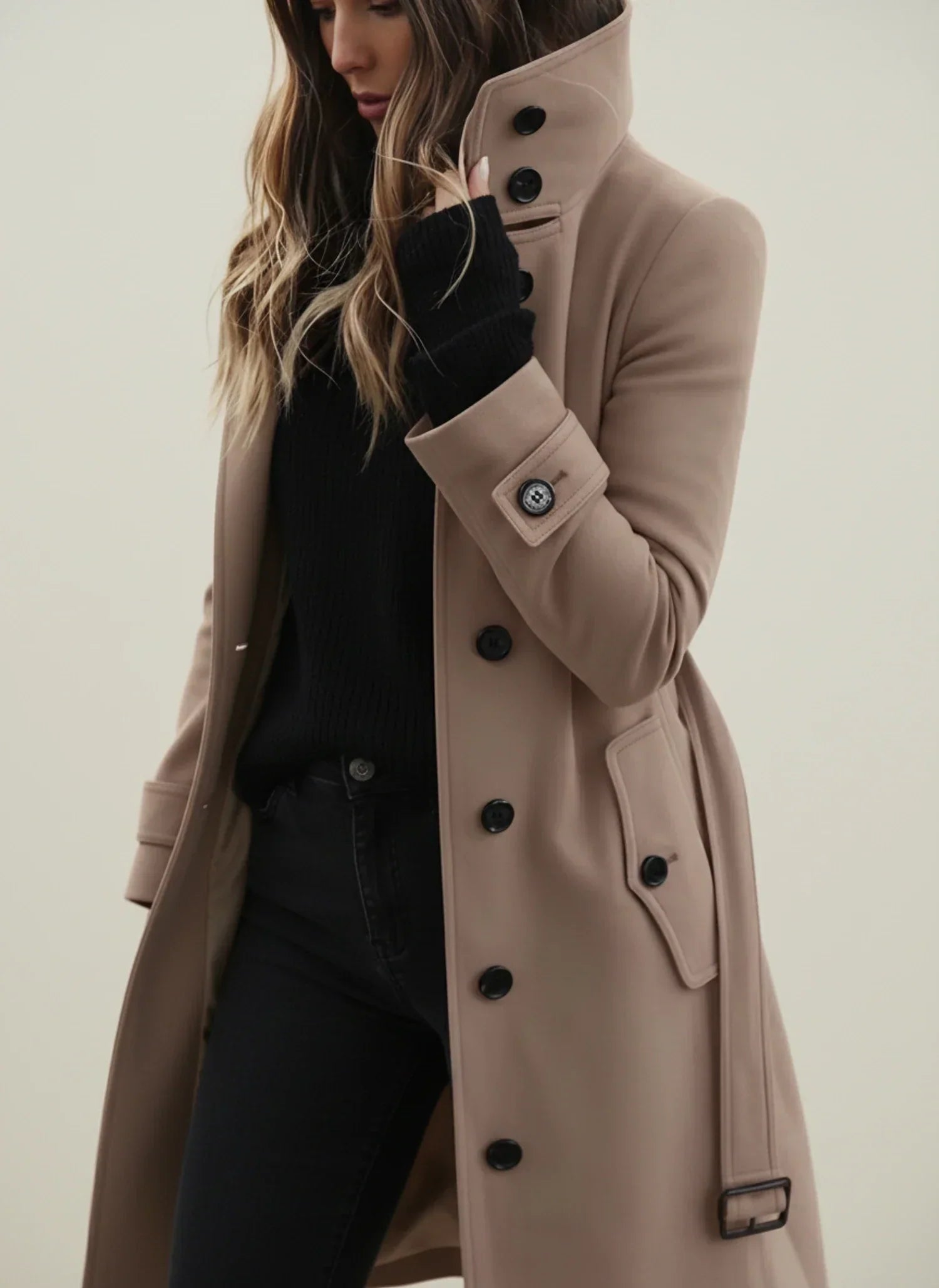 Winter Brushed Belted Longline Stand Collar Coat for Women in Beige