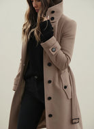 Winter Brushed Belted Longline Stand Collar Coat for Women in Beige