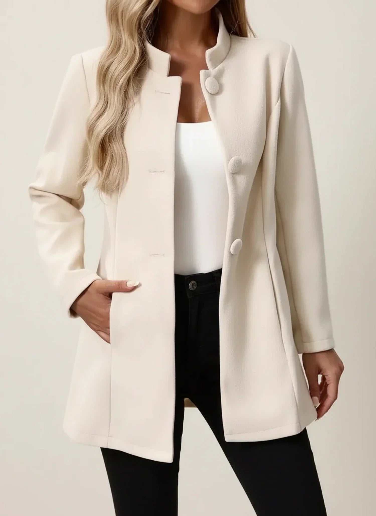 Winter Brushed Stand Collar Covered Button Coat for Women