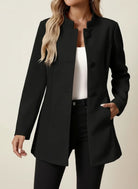Winter Brushed Stand Collar Covered Button Coat for Women in Black