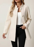 Winter Brushed Stand Collar Covered Button Coat for Women in Beige