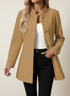 Winter Brushed Stand Collar Covered Button Coat for Women in Brown