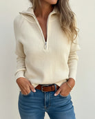 Fall Cotton Blend Ribbed Knit Collared Half Zip Sweater for Women in Beige