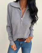 Fall Cotton Blend Ribbed Knit Collared Half Zip Sweater for Women in Gray