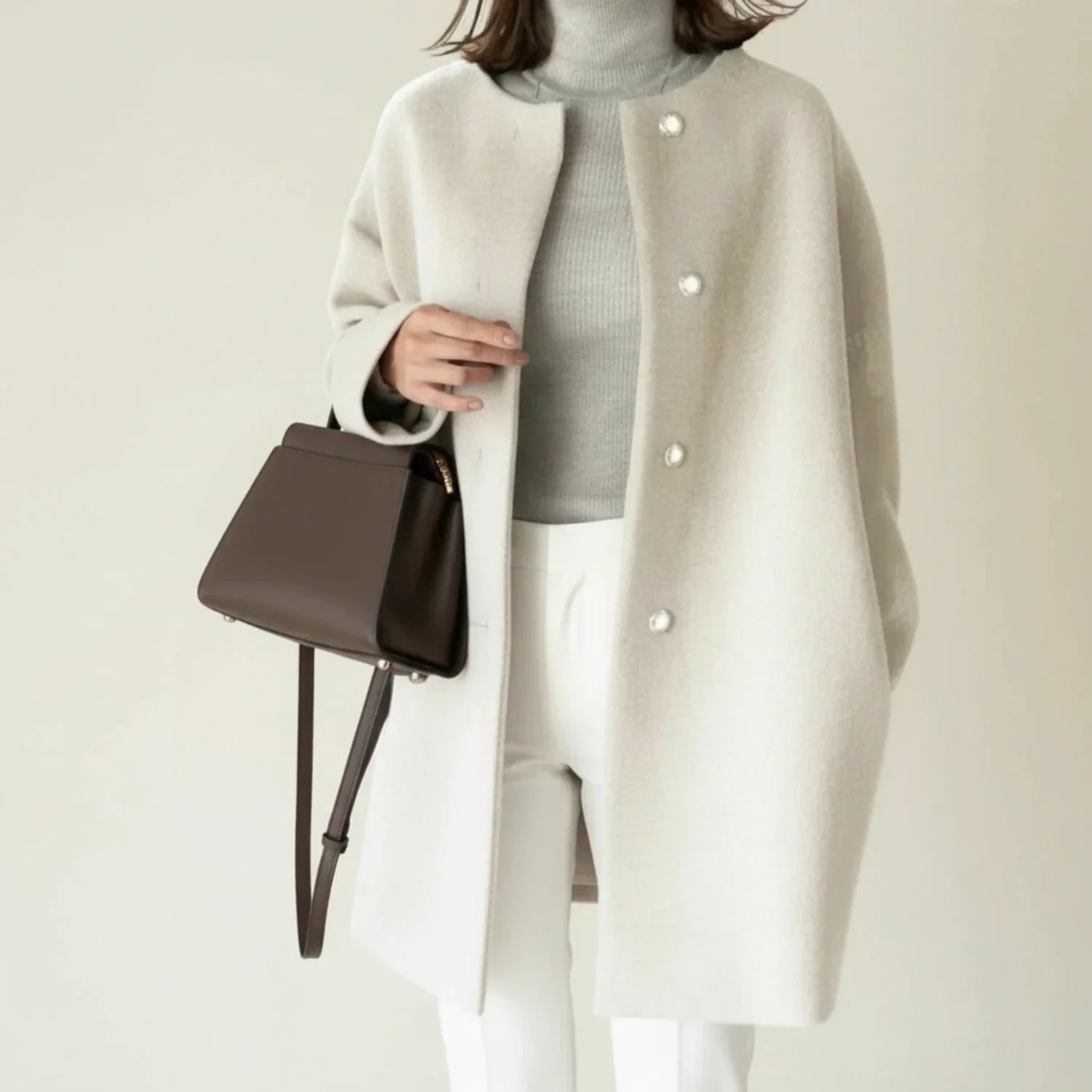 Winter Brushed Collarless Longline Cocoon Coat for Women in Apricot