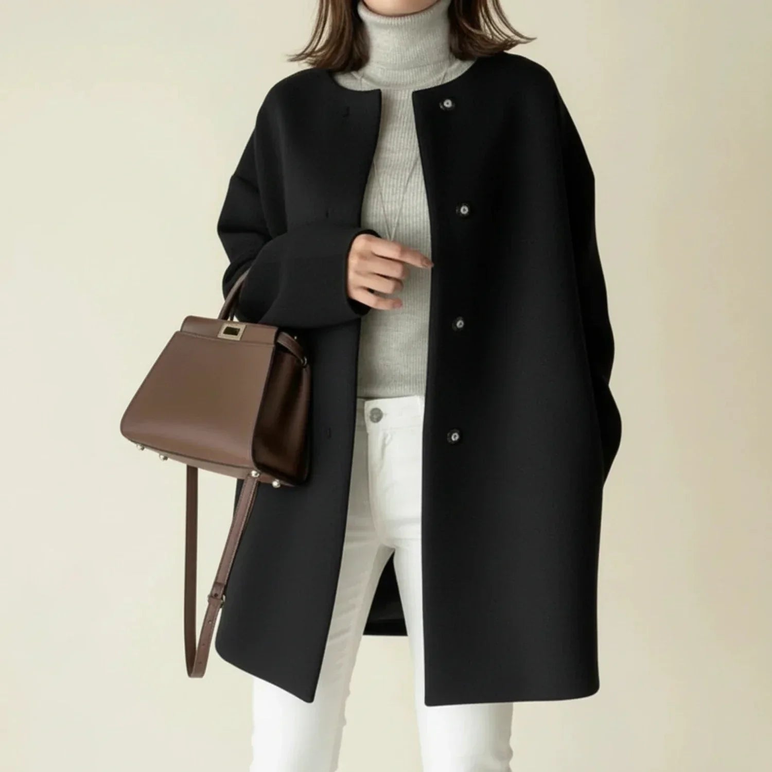 Winter Brushed Collarless Longline Cocoon Coat for Women in Black