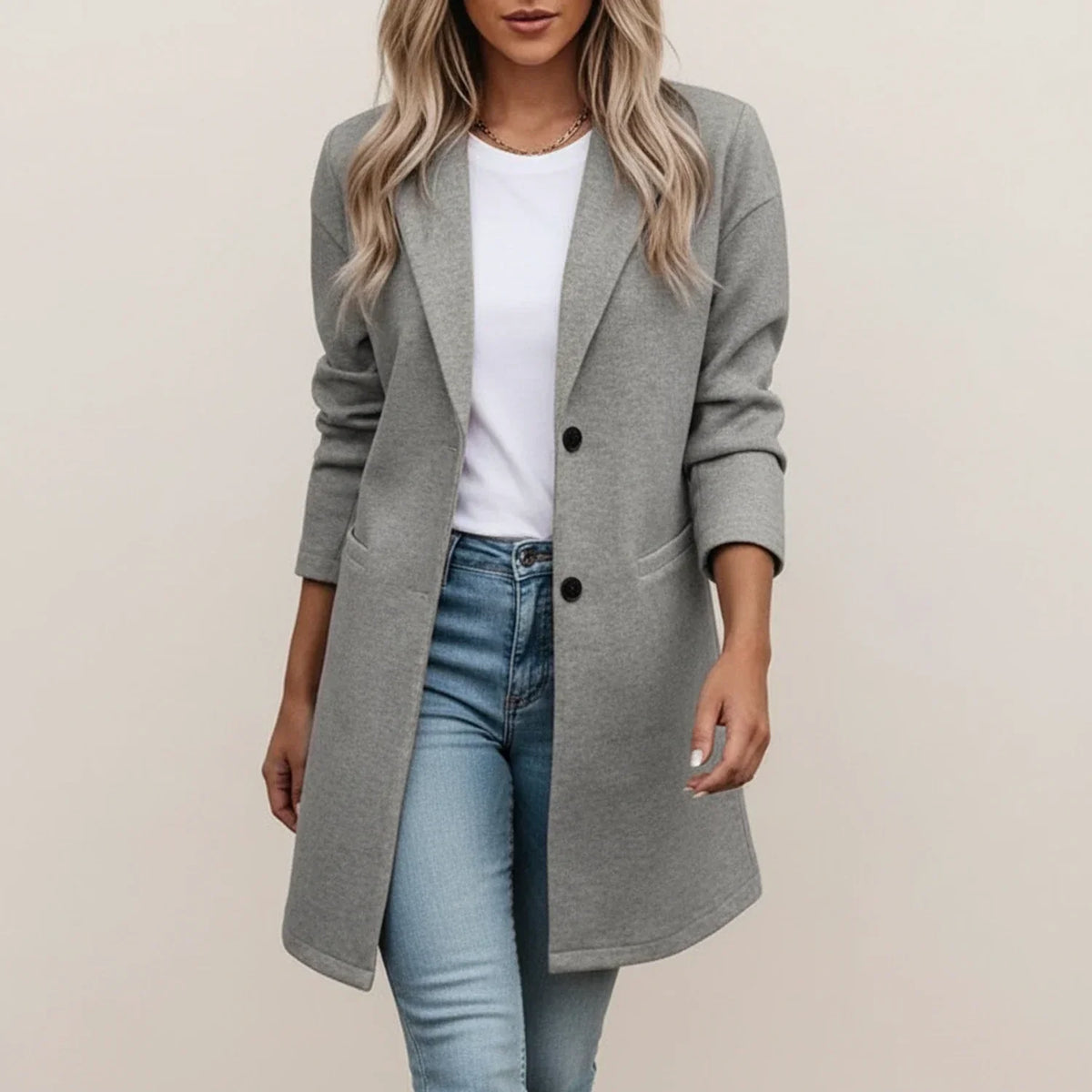 Fall Brushed Notch Lapel Longline Blazer Coat for Women in Gray