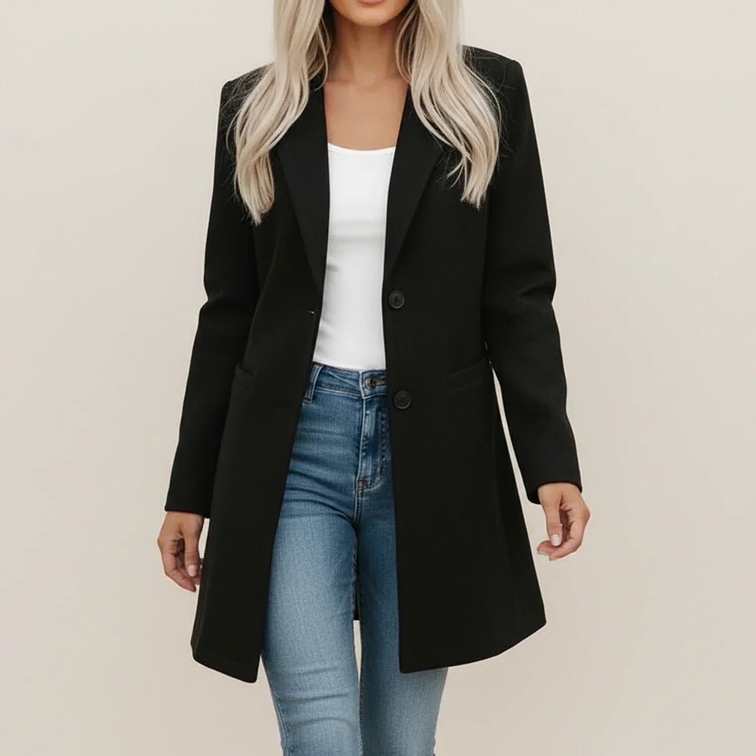 Fall Brushed Notch Lapel Longline Blazer Coat for Women in Black