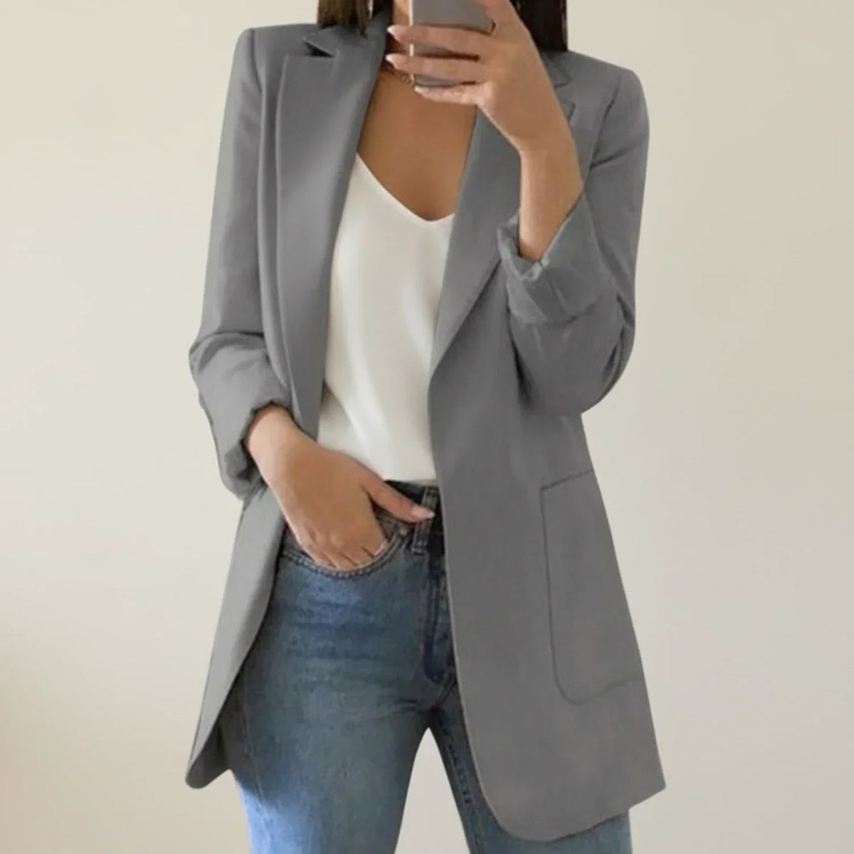 Fall Soft Shoulder Open Front Longline Blazer for Women in Gray