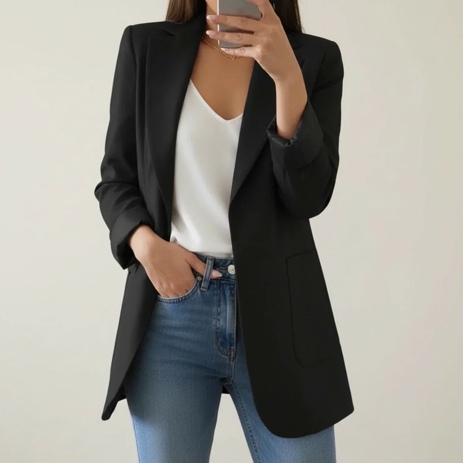 Fall Soft Shoulder Open Front Longline Blazer for Women in Black