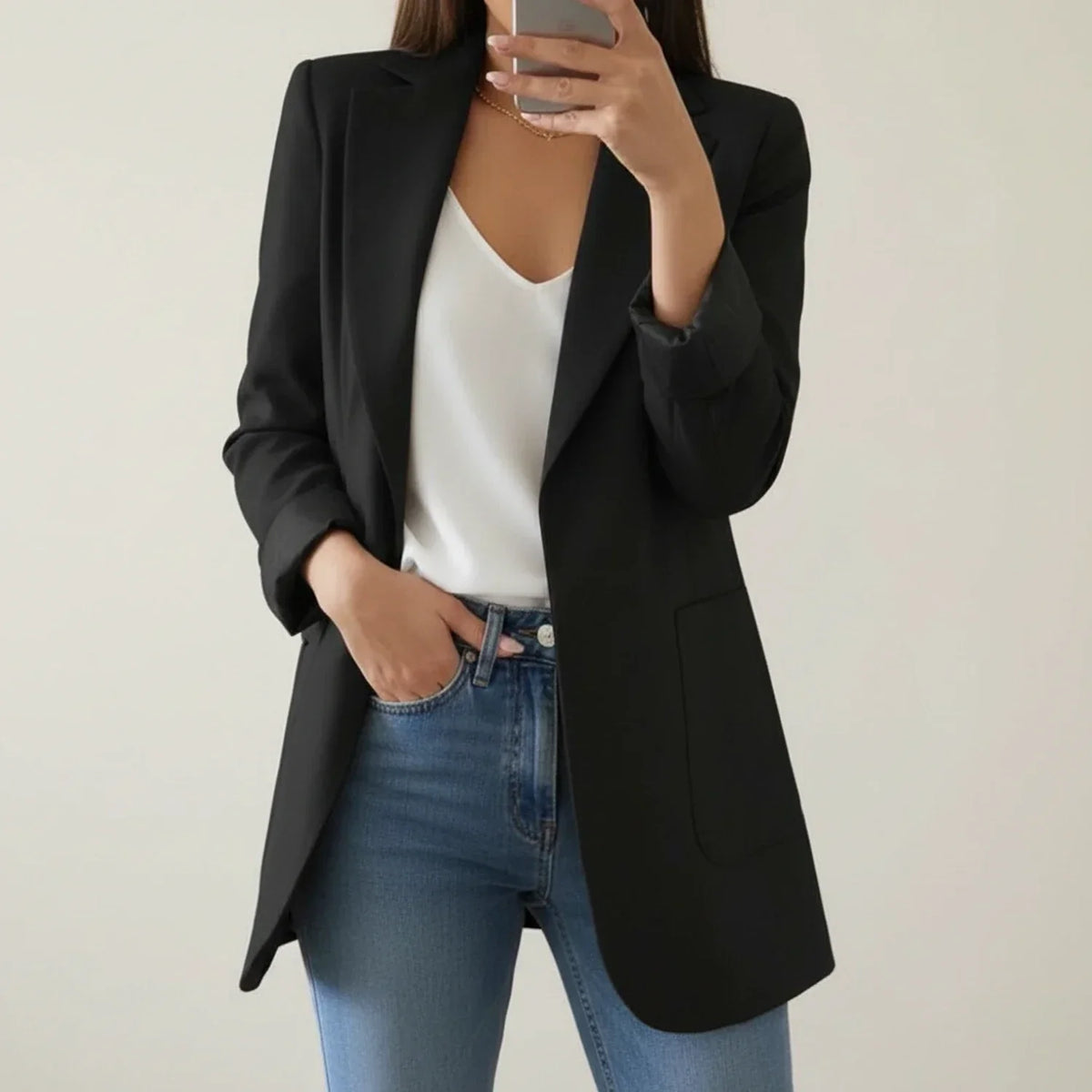 Fall Soft Shoulder Open Front Longline Blazer for Women in Black
