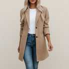 Fall Brushed Notch Lapel Longline Blazer Coat for Women in Khaki