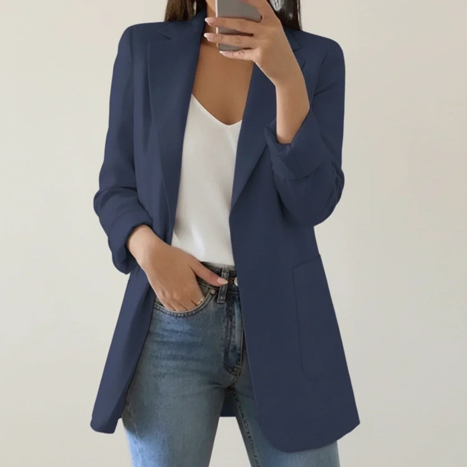 Fall Soft Shoulder Open Front Longline Blazer for Women in Navy Blue
