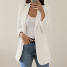 Fall Soft Shoulder Open Front Longline Blazer for Women in White
