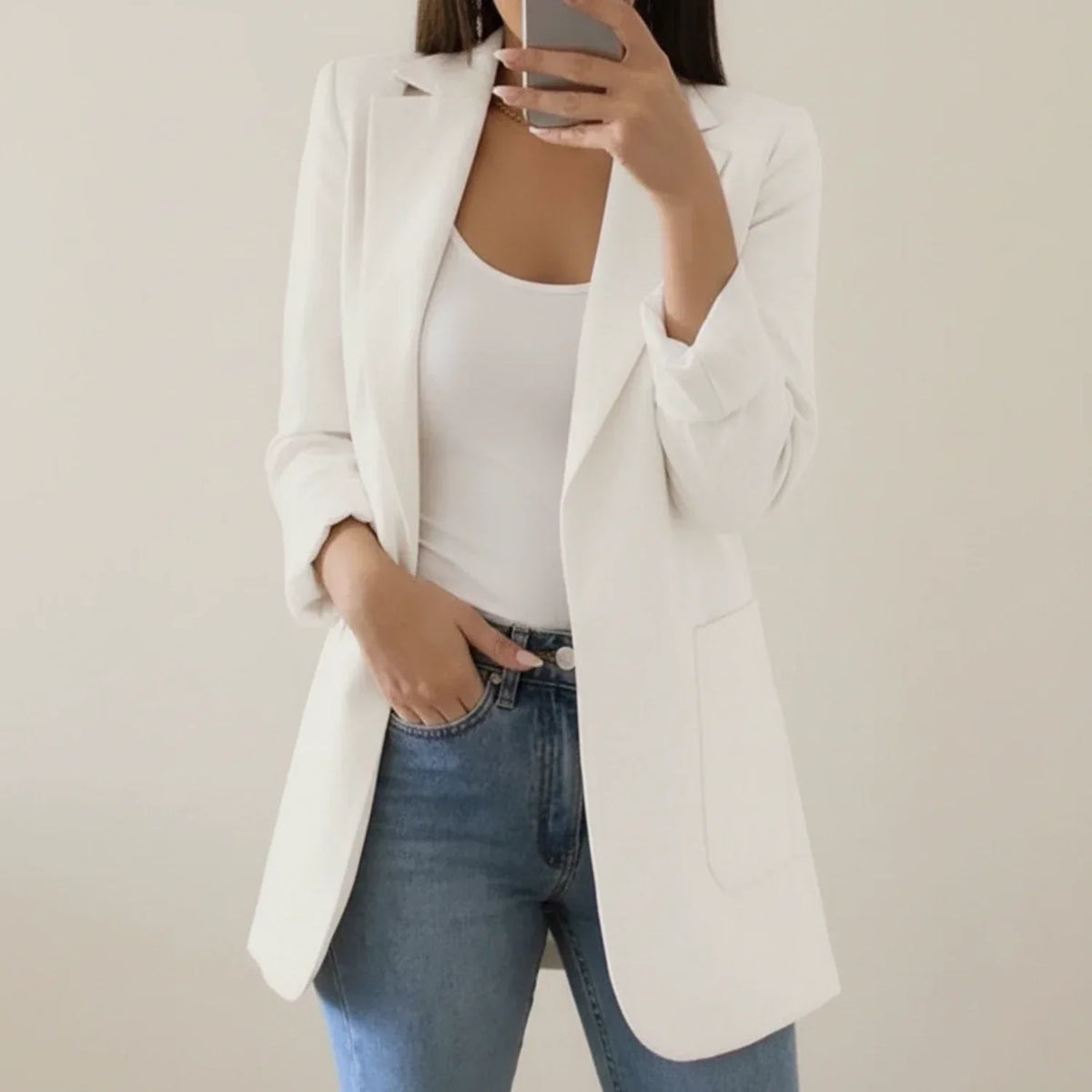 Fall Soft Shoulder Open Front Longline Blazer for Women in White