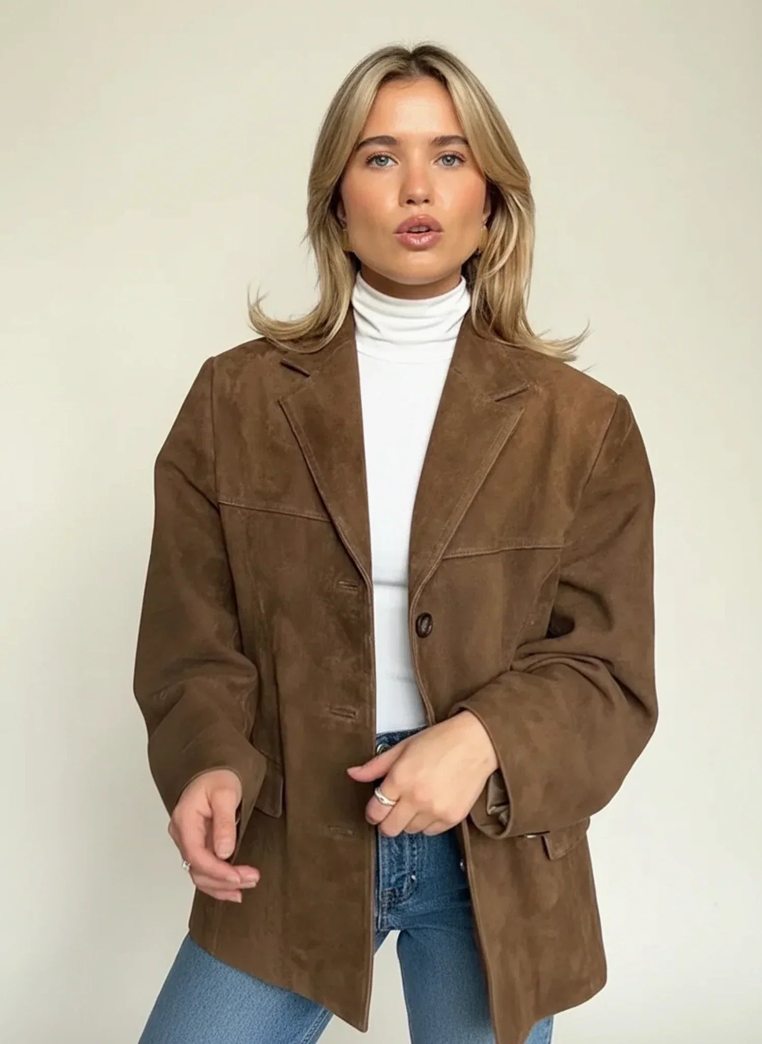 Fall Faux Suede Oversized Three Button Blazer for Women in Brown