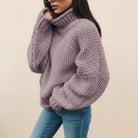Winter Chunky Knit Cropped Turtleneck Sweater for Women in Purple