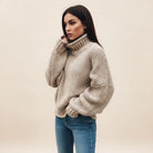 Winter Chunky Knit Cropped Turtleneck Sweater for Women in Khaki
