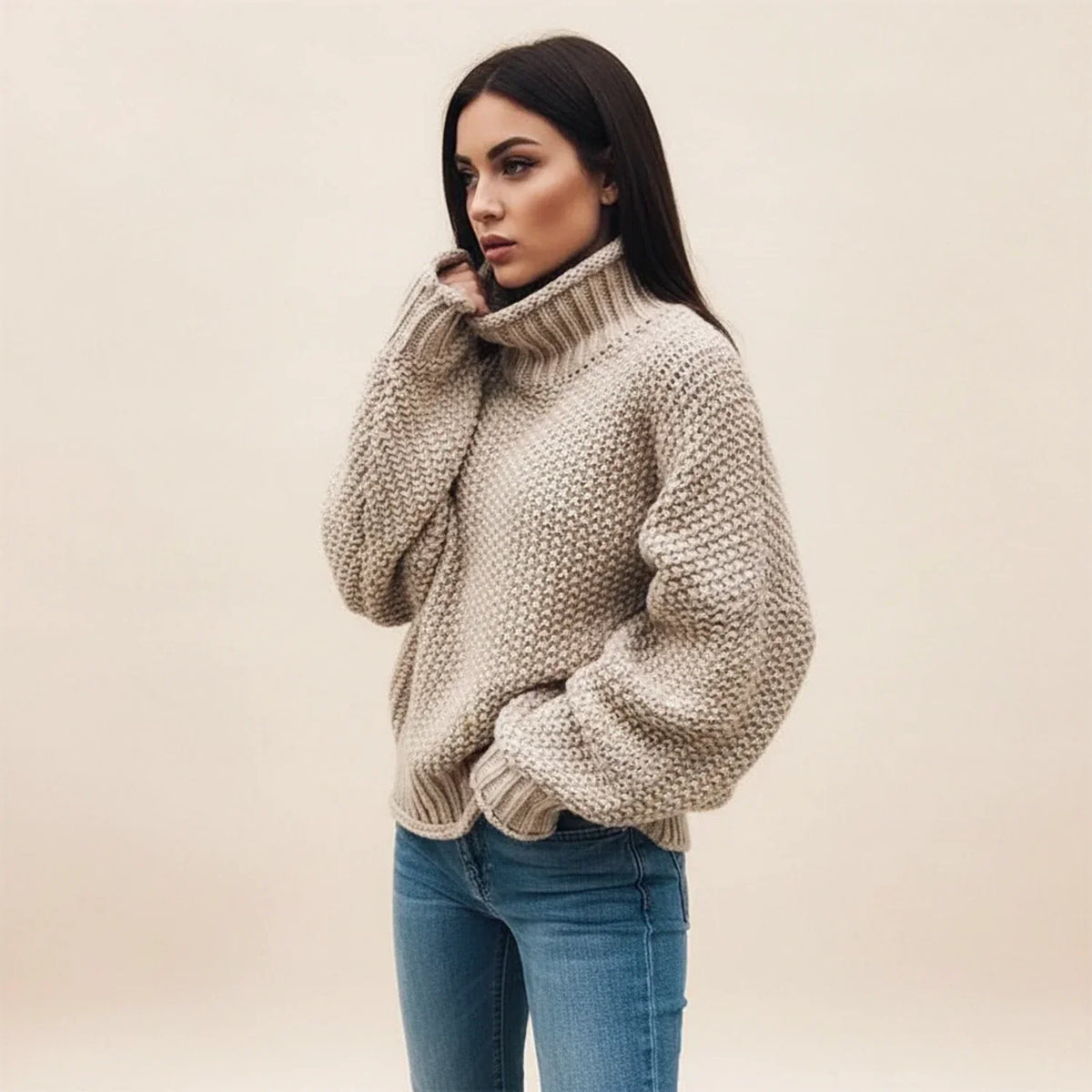Winter Chunky Knit Cropped Turtleneck Sweater for Women in Khaki