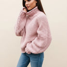 Winter Chunky Knit Cropped Turtleneck Sweater for Women in Pink